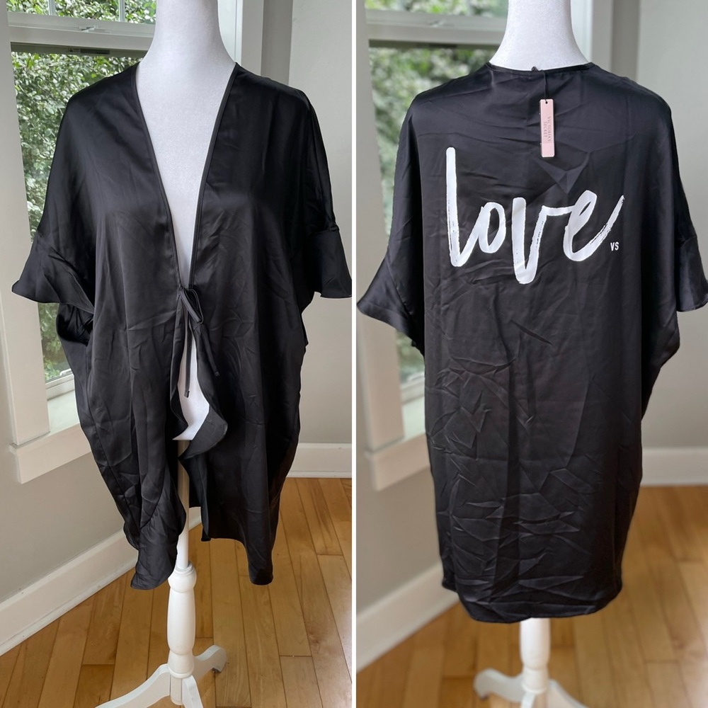 Victoria’s Secret Black Satin “Love” Ruffle Tie Front Robe One Size NWT